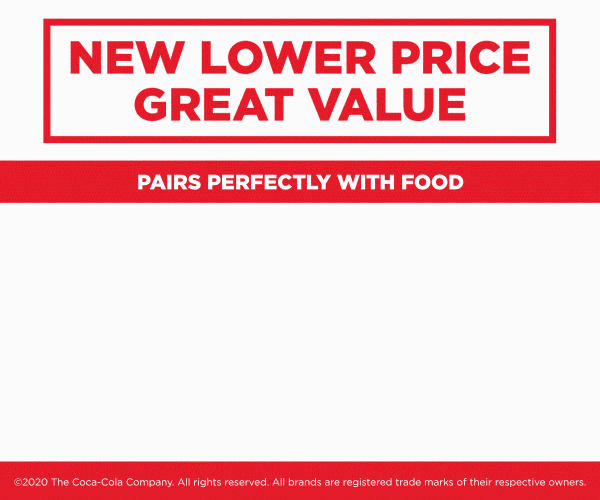 New lower price, great value, pairs perfectly with food - Coca Cola, Coke Zero, Diet Coke, Fanta, Sprite, Dr Pepper, Lilt